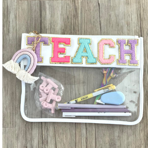 Pencil Case - TEACH (White) with Rainbow Tassel