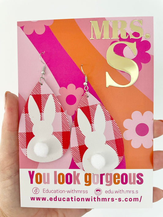 Red Checkered Drop Bunny Earrings