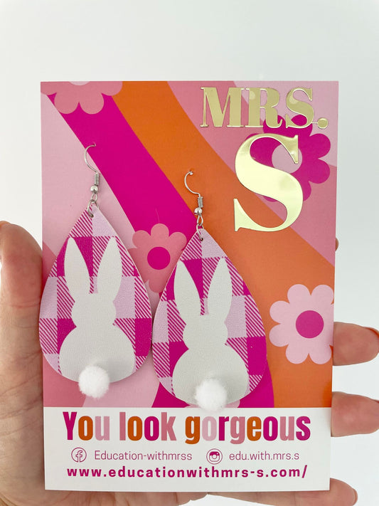 Pink Checkered Drop Bunny Earrings