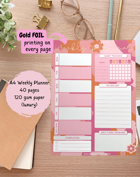 Gold Foil Flower Power A4 Weekly Planner Pad