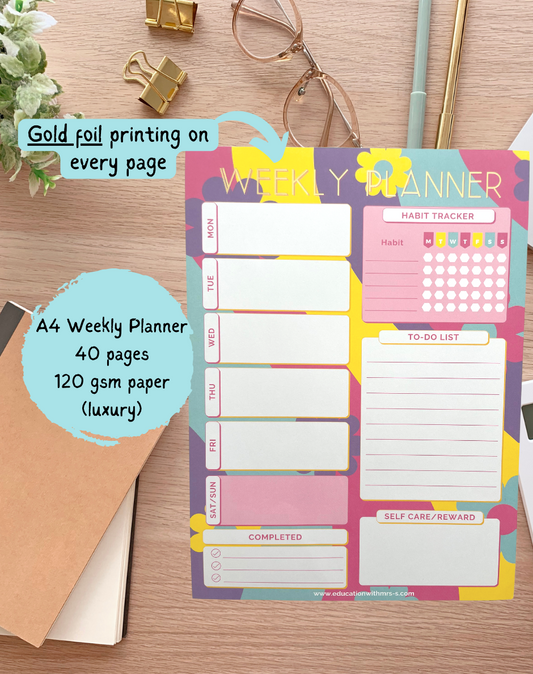 Gold Foil Bright A4 Weekly Planner Pad