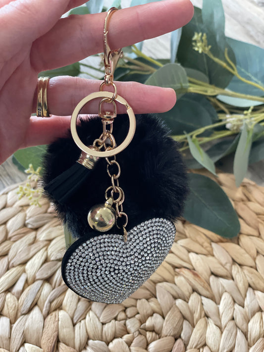 Pom Pom with Rhinestone Heart Keychain